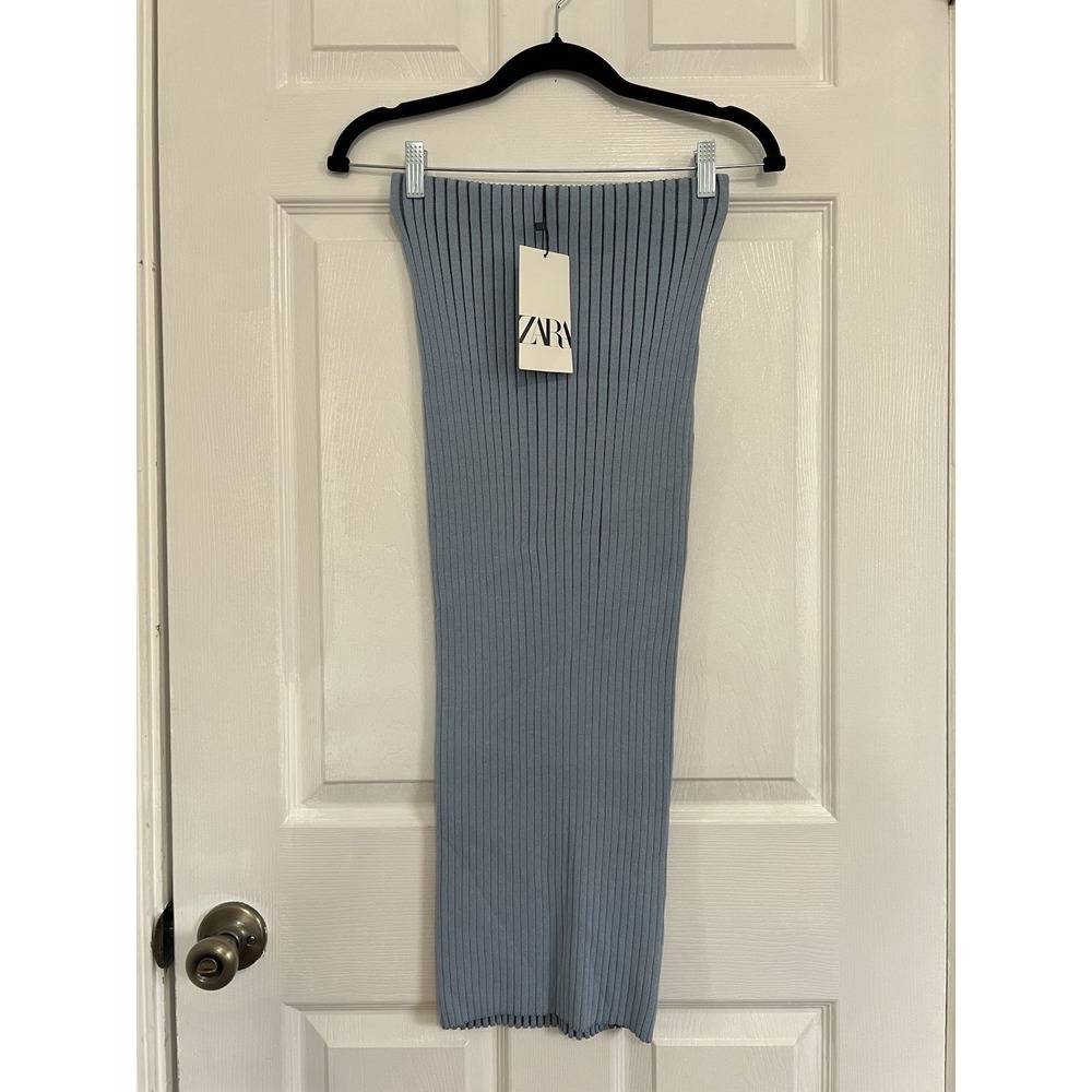 ZARA Ribbed Knit Tube Midi Dress Blue Strapless Bodycon Minimalist Fitted Chic S - Picture 2 of 8
